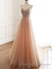 A Line V Neck Champagne Tulle Long Beaded Evening Prom Dresses, Champagne Long Formal Evening Dresses