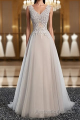 A Line V Neck Gray Floral Long Evening Prom Dresses, V Neck Gray Long Floral Formal Bridesmaid Dresses