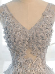 A Line V Neck Gray Floral Long Evening Prom Dresses, V Neck Gray Long Floral Formal Bridesmaid Dresses