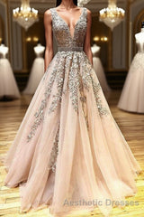 A Line V Neck Lace Champagne Tulle Long Evening Prom Dresses, V Neck Lace Champagne Formal Dresses, Champagne Lace Evening Dresses