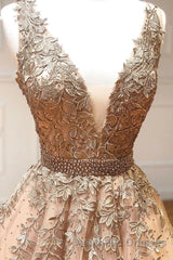 A Line V Neck Lace Champagne Tulle Long Evening Prom Dresses, V Neck Lace Champagne Formal Dresses, Champagne Lace Evening Dresses