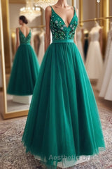 A Line V Neck Open Back Green Floral Long Evening Prom Dresses, Open Back Green Formal Evening Dresses