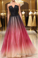 A Line V Neck Open Back Ombre Long Evening Prom Dresses, Backless Ombre Formal Graduation Evening Dresses