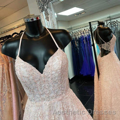 A Line V Neck Open Back Pink Lace Long Evening Prom Dresses, Pink Lace Formal Graduation Evening Dresses