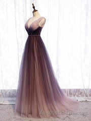 A Line V Neck Purple Ombre Evening Prom Dresses, V Neck Purple Ombre Formal Evening Bridesmaid Dresses