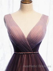 A Line V Neck Purple Ombre Evening Prom Dresses, V Neck Purple Ombre Formal Evening Bridesmaid Dresses