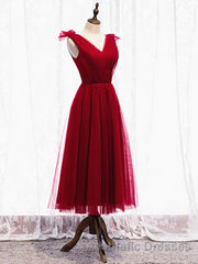 A Line V Neck Red Tea Length Evening Prom Dresses with Corset Back, Red Tea Length Formal Graduation Dresses