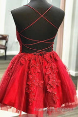 A Line V Neck Short Backless Red Lace Evening Prom Dresses, Short Red Backless Lace Formal Homecoming Dresses