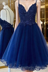 A Line V Neck Short Blue Evening Prom Dresses, Short Blue Lace Graduation Homecoming Dresses