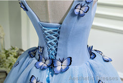 A Line V Neck Short Blue Prom Dresses with Butterfly, Short Blue Formal Homecoming Dresses