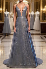 A Line V Neck Silver Gray Long Evening Prom Dresses, Gray Long Formal Evening Dresses