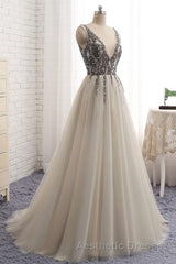 A Line V Neck Silver Gray Long Evening Prom Dresses, Silver Grey Beaded Long Formal Evening Dresses