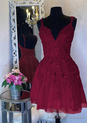 A-line V Neck Sleeveless Short/Mini Tulle Homecoming Dresses with Appliqued Beading