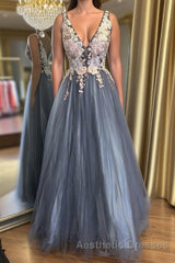 A Line V Neck Smoke Blue Long Evening Prom Dresses with Lace Appliques, Floral Smoke Blue Formal Graduation Evening Dresses
