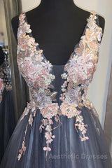 A Line V Neck Smoke Blue Long Evening Prom Dresses with Lace Appliques, Floral Smoke Blue Formal Graduation Evening Dresses