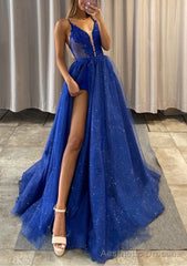 A-line V Neck Spaghetti Straps Long/Floor-Length Tulle Prom Dresses With Appliqued Glitter Split Left