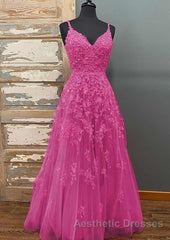 A-line V Neck Spaghetti Straps Long/Floor-Length Tulle Evening Prom Dresses With Beading Lace Pockets Sequins