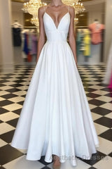 A Line V Neck Spaghetti Straps White Evening Prom Dresses, V Neck White Formal Graduation Evening Dresses
