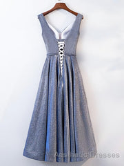 A Line V Neck Tea Length Evening Prom Dresses, Shiny Tea Length Formal Evening Dresses