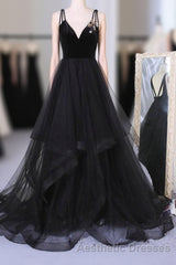 A Line V Neck Tulle Black Ball Gown, Black Evening Prom, Black Formal