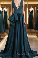 A Line V Neck V Back Green Satin Long Evening Prom Dresses, Long Green Formal Evening Dresses