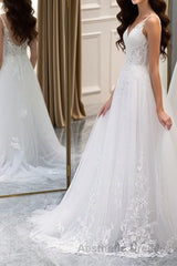 A Line V Neck White Lace Long Evening Prom Dresses, White Lace Wedding Dresses, White Formal Evening Dresses