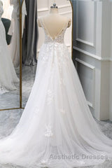A Line V Neck White Lace Long Evening Prom Dresses, White Lace Wedding Dresses, White Formal Evening Dresses