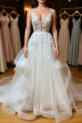 A Line V Neck White Lace Long Evening Prom Dresses, White Lace Wedding Dresses, White Formal Evening Dresses