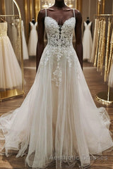 A Line V Neck White Lace Long Evening Prom Wedding Dresses, Thin Strap White Lace Formal Dresses, White Lace Evening Dresses