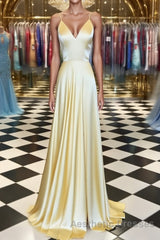 A Line V Neck Yellow Long Evening Prom Dresses, Yellow Long Backless Formal Evening Dresses