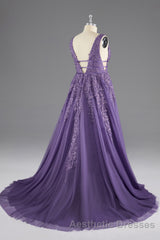 A-line V-Neck Lace Appliques Long Mother of The Bride Dresses