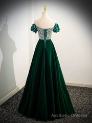 A-Line Velvet Sequin Beads Green Long Prom Dress, Velvet Green Long Formal Dress