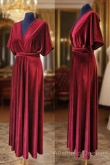 A-Line Velvet V-Neck Formal Dresses Long Bridesmaid Dresses