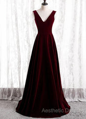 A-Line Velvet V-Neckline Sleeveless Long Party Dresses Evening Prom Dresses Bridesmaid Dresses