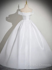 A-Line White Satin Long Evening Prom Dresses, White Long Formal Dresses