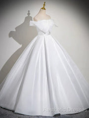 A-Line White Satin Long Evening Prom Dresses, White Long Formal Dresses