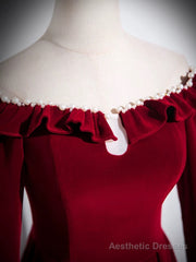 A-line Wine Red Velvet Long Sleeves Low Back Prom Dress, Wine Red Party Dress