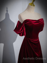 A-Line Wine Red Velvet Sweetheart Wedding Party Dresses, Wine Red Velvet Evening Prom Dresses