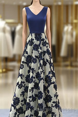 Stylish Dark Blue A Line V Neck Long Evening Prom Dresses, Dark Blue Evening Prom Dresses