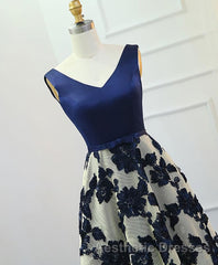 Stylish Dark Blue A Line V Neck Long Evening Prom Dresses, Dark Blue Evening Prom Dresses