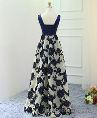 Stylish Dark Blue A Line V Neck Long Evening Prom Dresses, Dark Blue Evening Prom Dresses