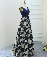 Stylish Dark Blue A Line V Neck Long Evening Prom Dresses, Dark Blue Evening Prom Dresses