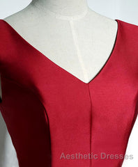 Simple Burgundy Satin V Neck Short Evening Prom Dresses, Evening Prom Dresses