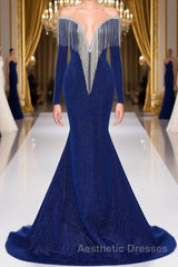 Deep V-neck Shiny Royal Blue Long sleeves Mermaid Evening Prom Dresses