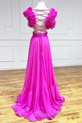 Lace-Up Fuchsia V-Neck Ruffle Pleated Long Evening Prom Dresses