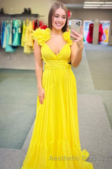 Lace-Up Fuchsia V-Neck Ruffle Pleated Long Evening Prom Dresses