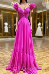Lace-Up Fuchsia V-Neck Ruffle Pleated Long Evening Prom Dresses