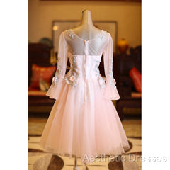 Adorable Pink Tulle Knee Length Long Sleeves Party Dresses, Pink Homecoming Dresses