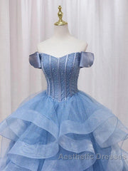 Adult Dresses A-Line Blue Sheer Long Ball Dresses Blue Sweet Dresses Off Shoulder Evening Prom Dresses