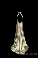 Aesthetic A Line Halter Neckline Champagne Satin Evening Prom Dresses Ruffle Long Party Dresses